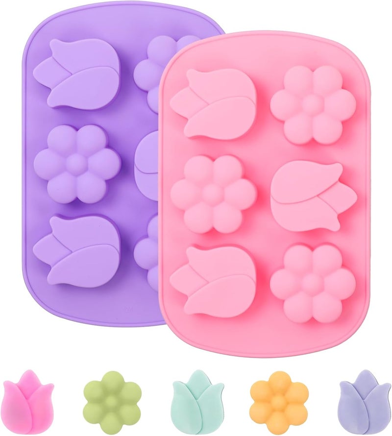 SJ Silicone Soap Molds 2 Packs, Tulip and Different Flower Shapes Soap Molds for Soap Making, 6-Cavity Mold for Craft Soap, Jelly, Chocolate, Candy, Lotion Bar, Bath Bombs & Ice Cube(Purple & Pink) - Image 1